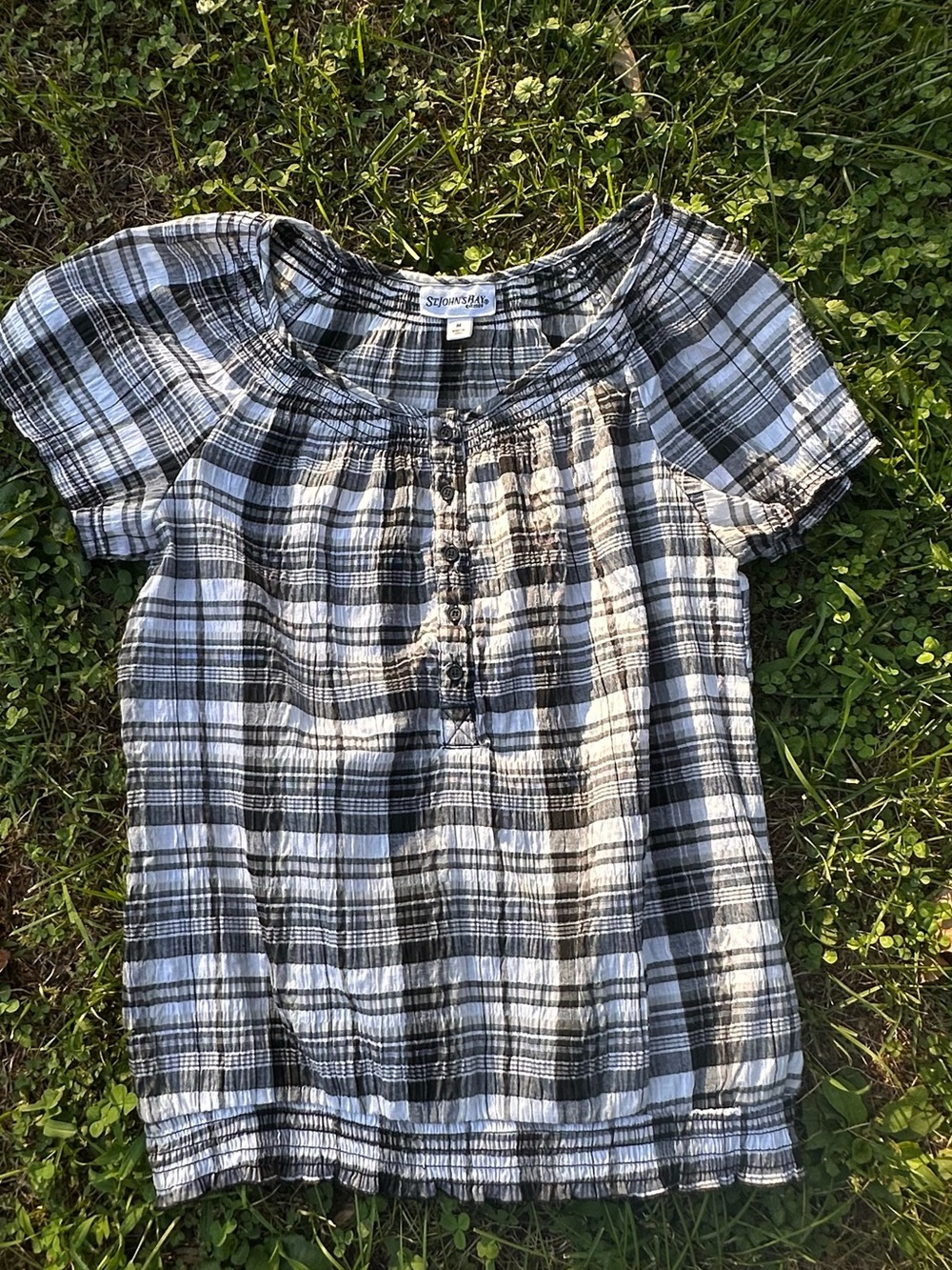 Y2K Babydoll Top by St. John's Bay - Black & White Plaid Gingham, Fitted Henley